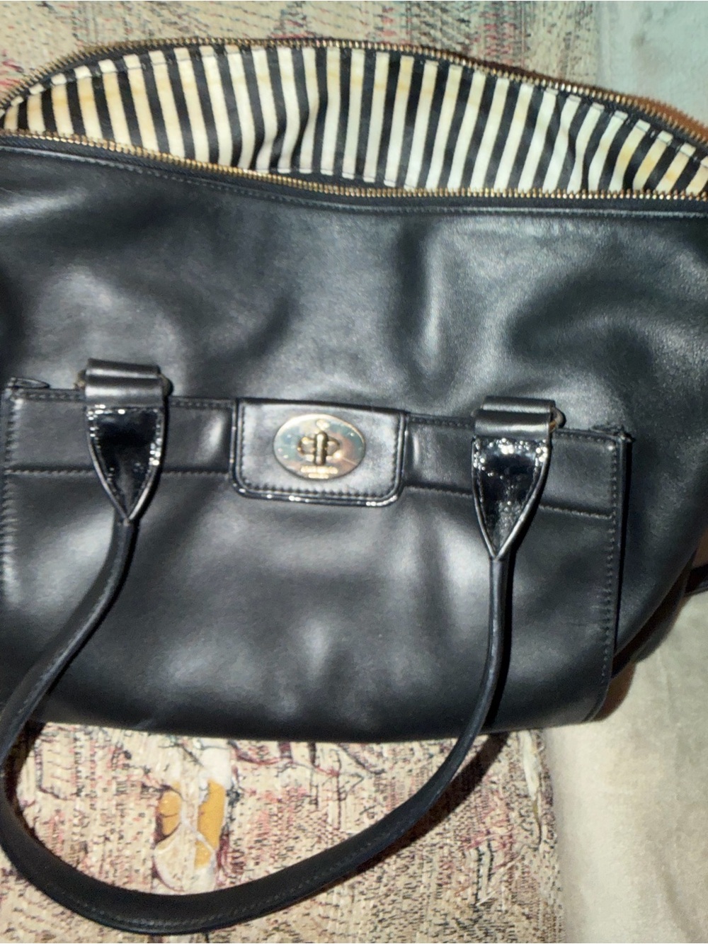 Kate Spade Black Women's Leather Tote Bag with Striped Lining